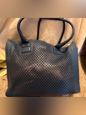 Furla Perforated Leather Tote in Deep Blue